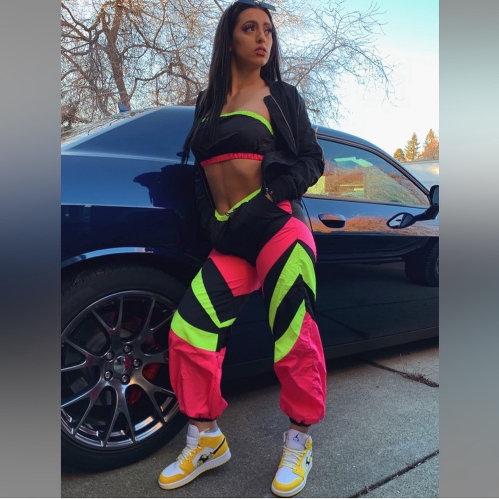Fashion Nova Neon Pink and Green and Black Windbreaker Joggers & Top Set